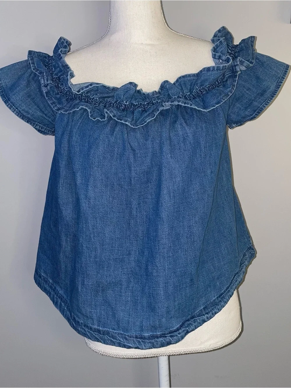 Free People Ruffle Denim Short Sleeve Blouse